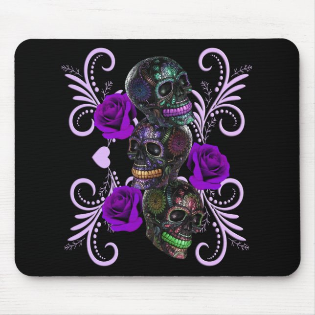 Triple Black Day Of The Dead Skulls Purple Roses Mouse Mat (Front)