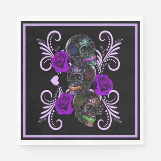 Triple Black Day Of The Dead Skulls Purple Roses Napkin (Front)