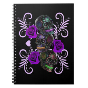 Triple Black Day Of The Dead Skulls Purple Roses Notebook