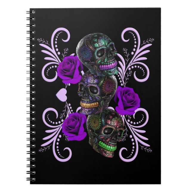 Triple Black Day Of The Dead Skulls Purple Roses Notebook (Front)