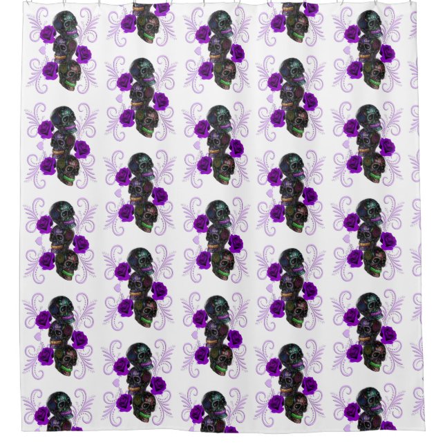 Triple Black Day Of The Dead Skulls Purple Roses Shower Curtain (Front)