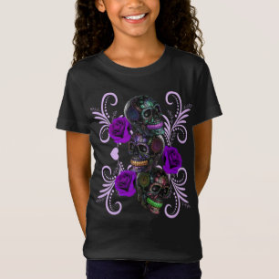 Triple Black Day Of The Dead Skulls Purple Roses T-Shirt