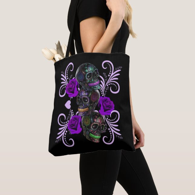 Triple Black Day Of The Dead Skulls Purple Roses Tote Bag (Close Up)
