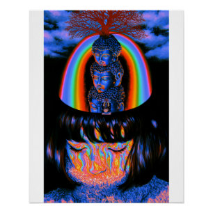 Triple Buddha Rainbow Smoke Portrait Poster