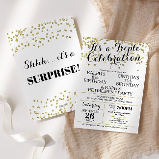 Triple Celebration Confetti Faux Gold Invitation