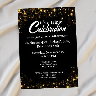 Triple Celebration Joint Birthday Gold Black  Invitation