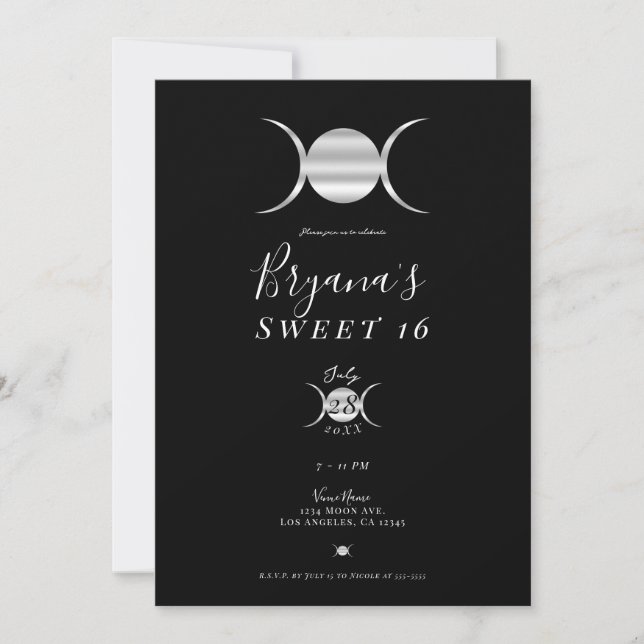 Triple Goddess Moon Cycle Silver & Black Sweet 16 Invitation (Front)