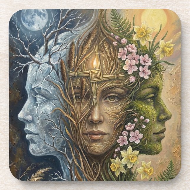 Triple Goddess Winter to Spring Imbolc Fantasy Art Coaster (Front)