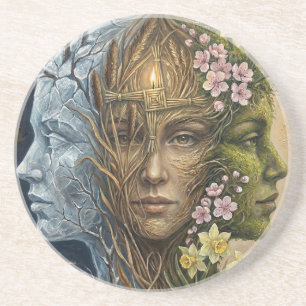 Triple Goddess Winter to Spring Imbolc Fantasy Art Coaster