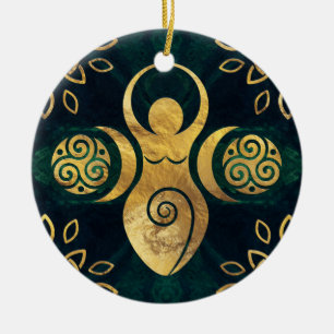 Triple Goddess with triskele - gold and green Ceramic Tree Decoration