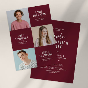 Triple Grad 3 Photo Burgundy Graduation Party Invitation