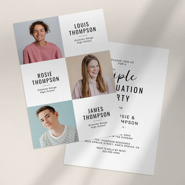 Triple Grad 3 Photo Modern Graduation Party Invitation (Creator Uploaded)
