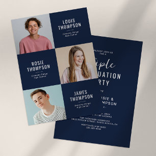 Triple Grad 3 Photo Navy Graduation Party Invitation