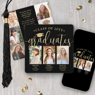 Triple Graduation Photo Collage Black & Gold Joint Announcement