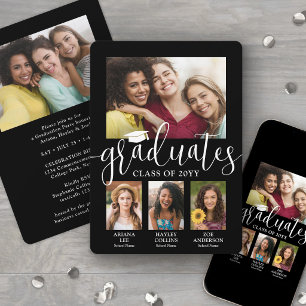 Triple Graduation Photo Collage Black White Joint Announcement