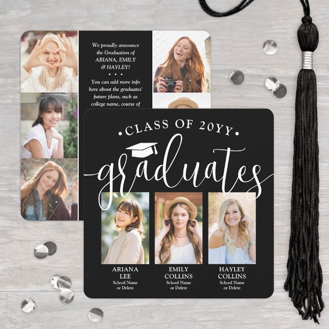 Triple Graduation Photo Collage Black White Joint Announcement (Creator Uploaded)