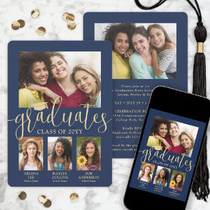 Triple Graduation Photo Collage Navy & Gold Joint Announcement