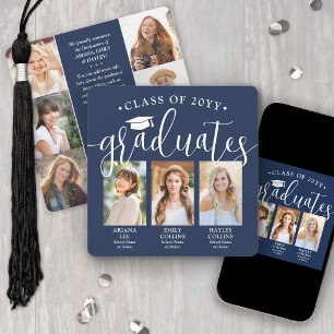 Triple Graduation Photo Collage Navy & White Joint Announcement