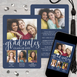 Triple Graduation Photo Collage Navy & White Joint Announcement