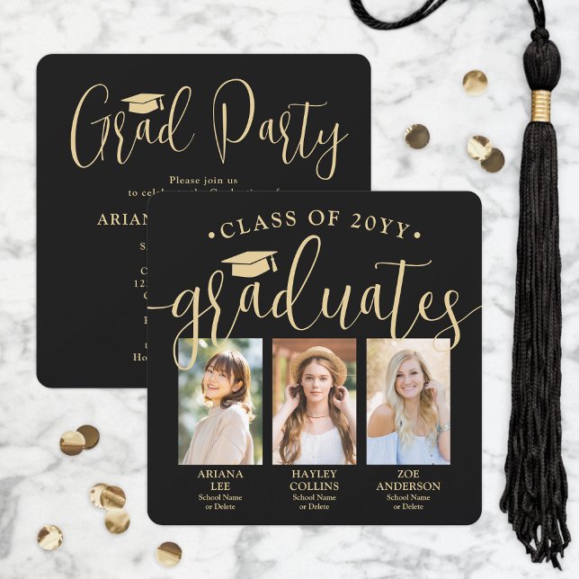 Triple Graduation Photos Black & Gold Joint Party Invitation (Creator Uploaded)