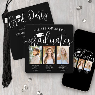 Triple Graduation Photos Black & White Joint Party Invitation
