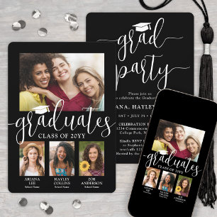 Triple Graduation Photos Black & White Joint Party Invitation
