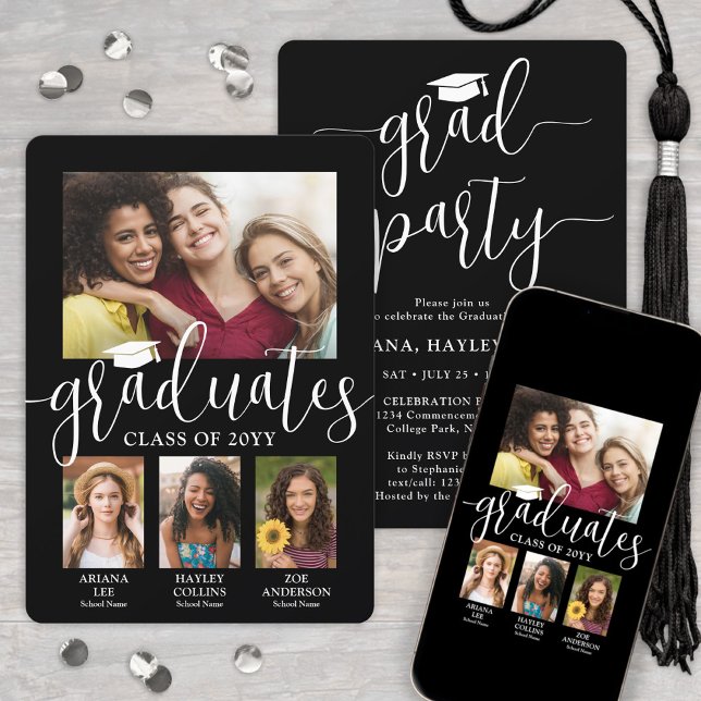 Triple Graduation Photos Black & White Joint Party Invitation (Creator Uploaded)