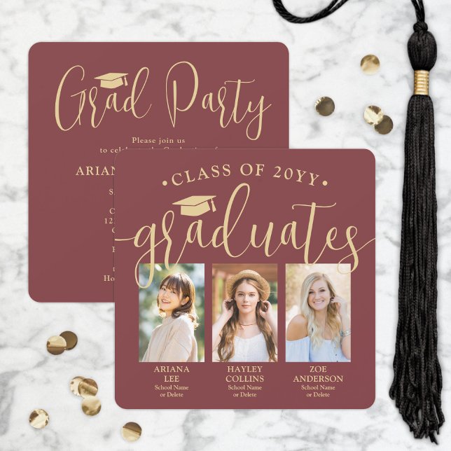 Triple Graduation Photos Burgundy Gold Joint Party Invitation (Creator Uploaded)