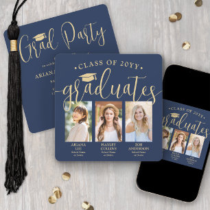Triple Graduation Photos Navy & Gold Joint Party Invitation