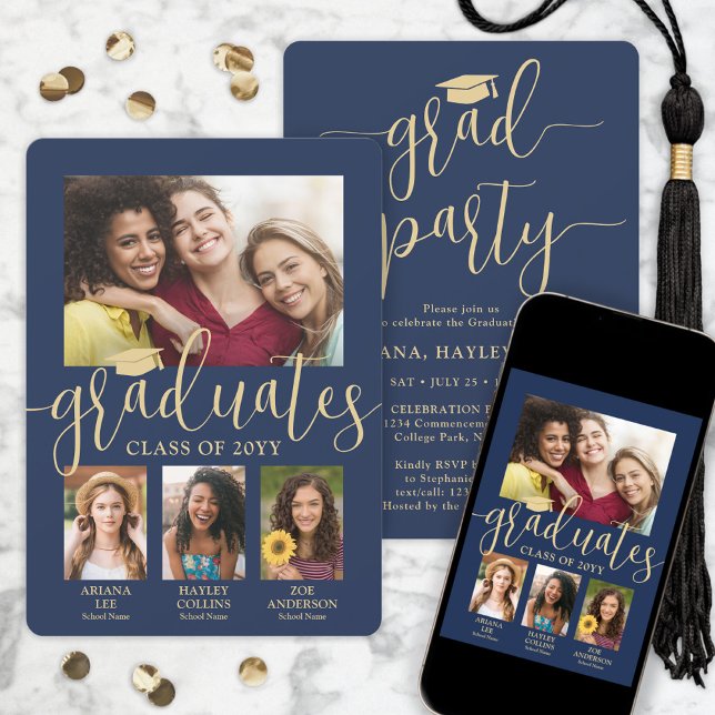 Triple Graduation Photos Navy & Gold Joint Party Invitation (Creator Uploaded)