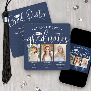 Triple Graduation Photos Navy & White Joint Party Invitation