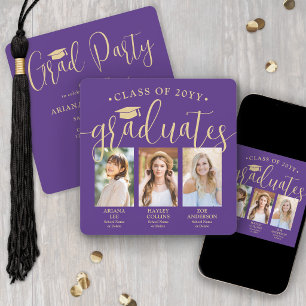 Triple Graduation Photos Purple & Gold Joint Party Invitation