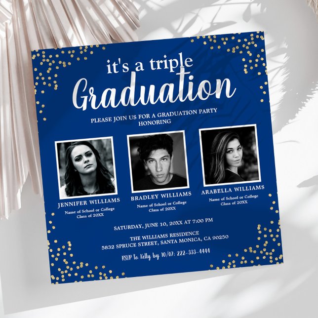 Triple Graduation Three Photo Blue Party Invitation (Creator Uploaded)