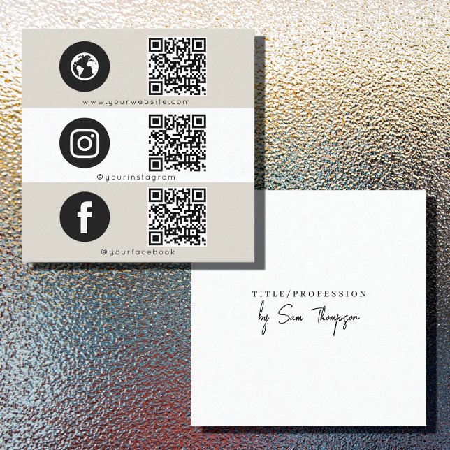 Triple Icon & QR Code Business Social Media Beige Calling Card (Creator Uploaded)