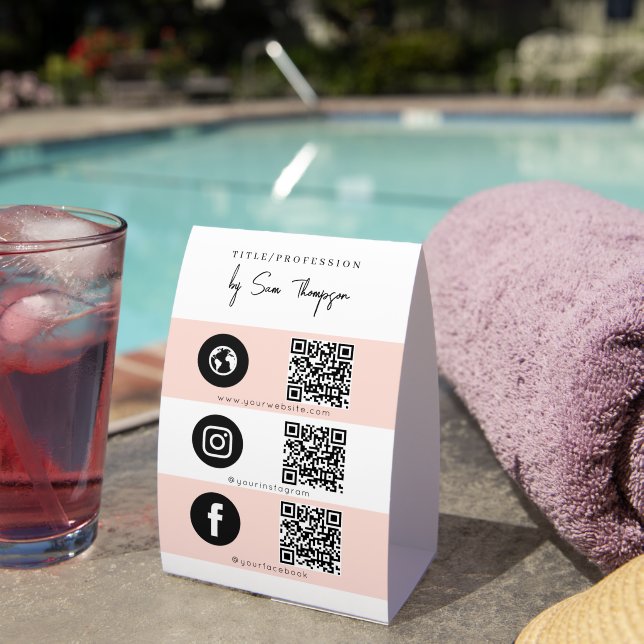 Triple Icon & QR Code Business Social Media Pink (Insitu(On Table))