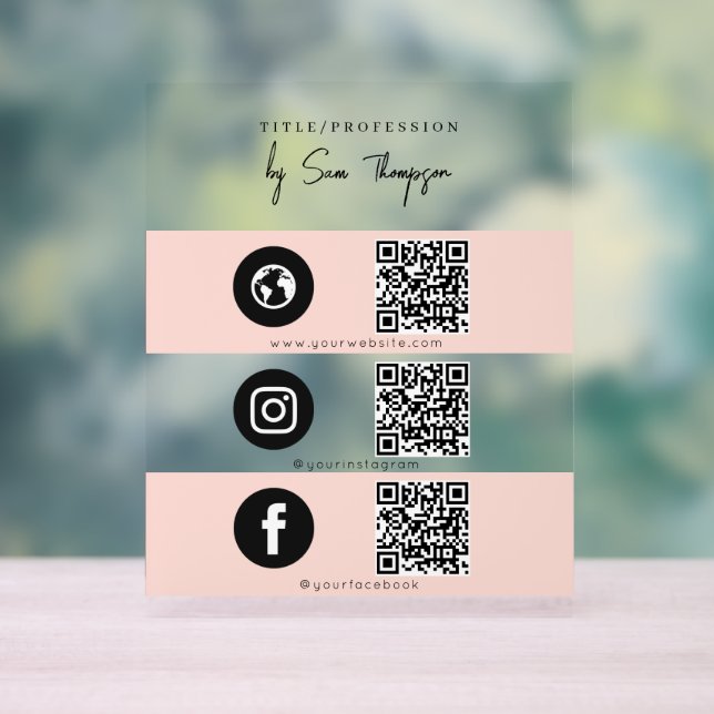 Triple Icon & QR Code Business Social Media Pink Acrylic Sign (Neutral)