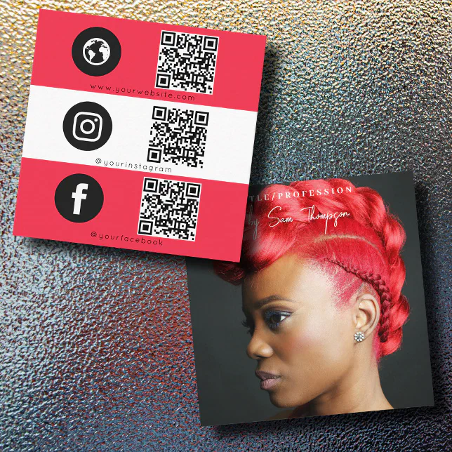 Triple Icon QR Code Full Photo Social Media Red Calling Card | Zazzle