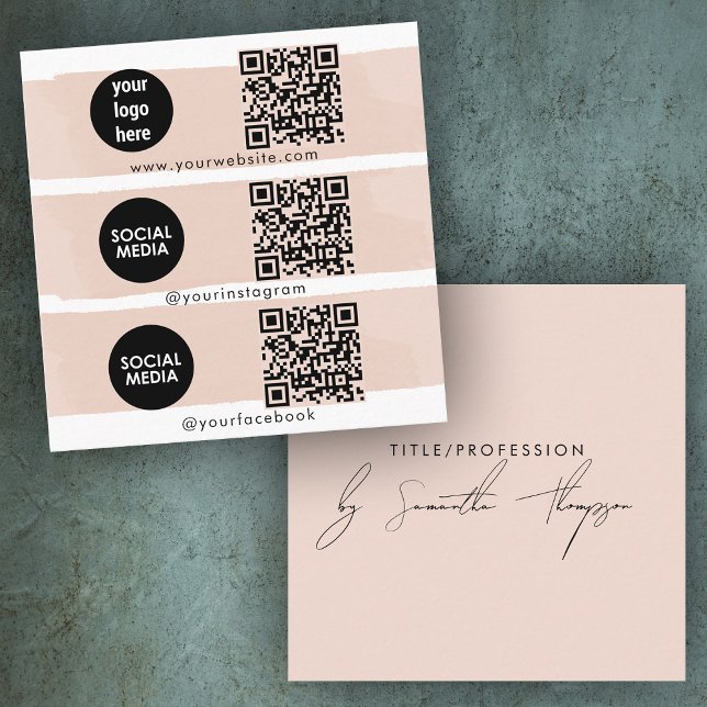 Triple Icon QR Code Social Media Logo Blush Pink  Square Business Card (Triple Icon QR Code Social Media Logo Blush Pink Square Business Card)