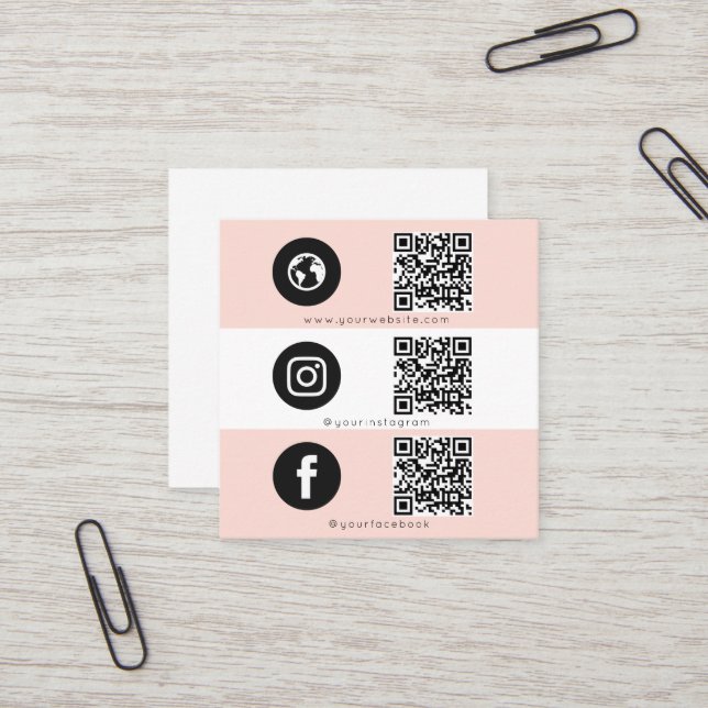 Triple Icon QR Code Social Media Pink Feminine  Square Business Card (Front/Back In Situ)