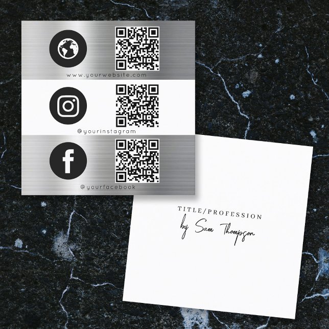 Triple Icon QR Code Social Media Silver Metal Square Business Card (Triple Icon QR Code Social Media Silver Metal Square Business Card)
