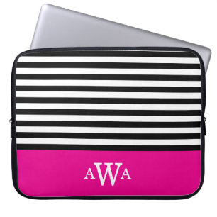 Triple Letter Monogram Fuchsia Black White Stripes Laptop Sleeve