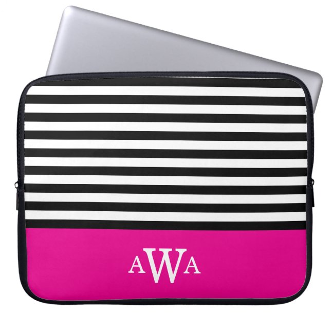 Triple Letter Monogram Fuchsia Black White Stripes Laptop Sleeve (Front)