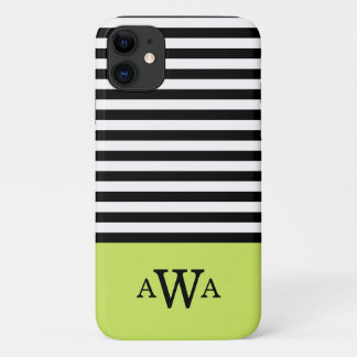 Triple Letter Monogram Green Black White Stripes iPhone 11 Case