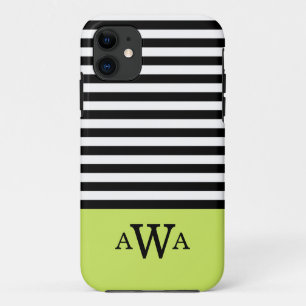 Triple Letter Monogram Green Black White Stripes iPhone 11 Case
