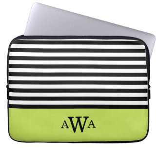 Triple Letter Monogram Green Black White Stripes Laptop Sleeve