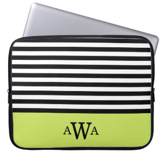 Triple Letter Monogram Green Black White Stripes Laptop Sleeve