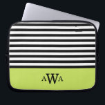 Triple Letter Monogram Green Black White Stripes Laptop Sleeve<br><div class="desc">Trendy,  chic,  girly,  black and white striped pattern with lime green color block border featuring a triple monogram template for you to easily personalize with your first,  last and middle name initial letters.</div>
