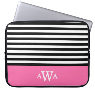 Triple Letter Monogram Pink Black White Stripes Laptop Sleeve