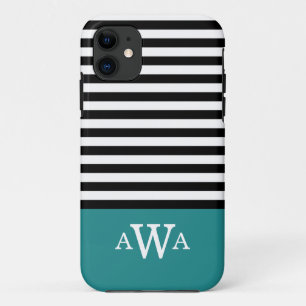 Triple Letter Monogram Teal Black White Stripes iPhone 11 Case