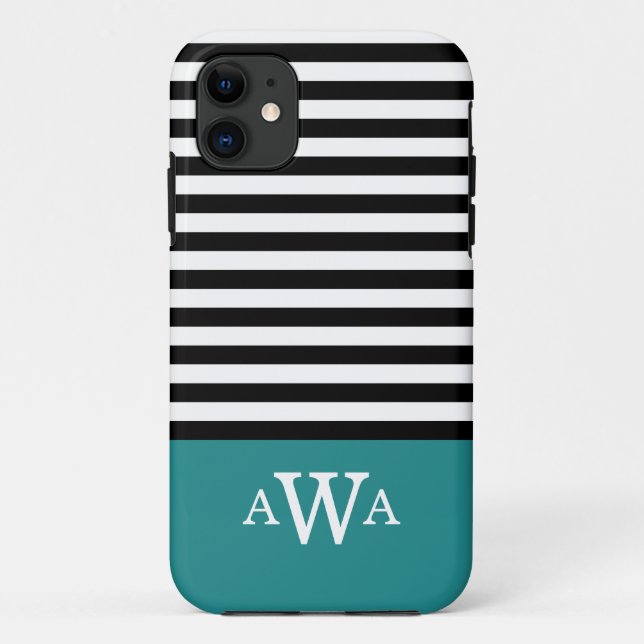 Triple Letter Monogram Teal Black White Stripes Case-Mate iPhone Case (Back)